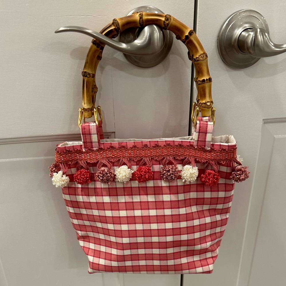 Bamboo handled handbag/purse pink and ivory checked pattern with Pom Pom trim